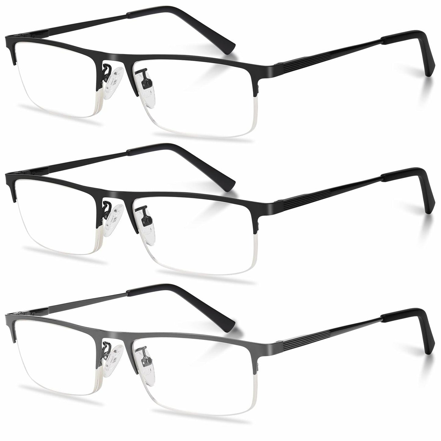 Anourney 3-Pack Men's Reading Glasses +3.0 Metal Half Frame Black Gray