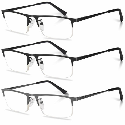 Anourney 3-Pack Men's Reading Glasses +3.0 Metal Half Frame Black Gray