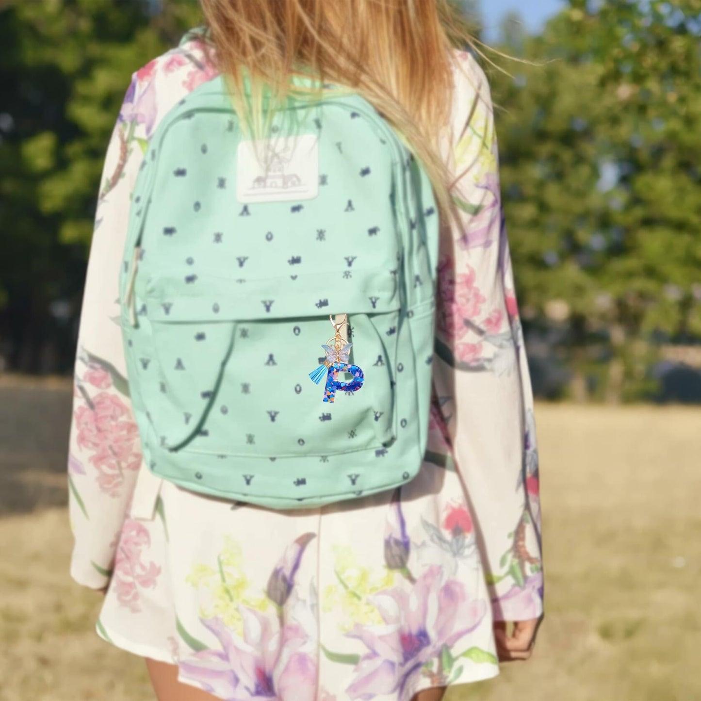 Besvatsy Blue Heart Alphabet Keychain Tassel Butterfly Pendant Medium