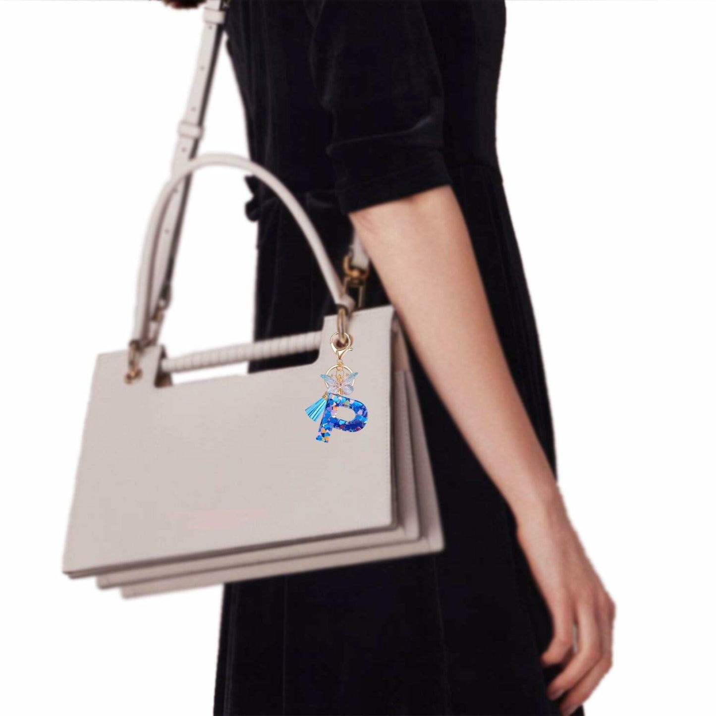 Besvatsy Blue Heart Alphabet Keychain Tassel Butterfly Pendant Medium