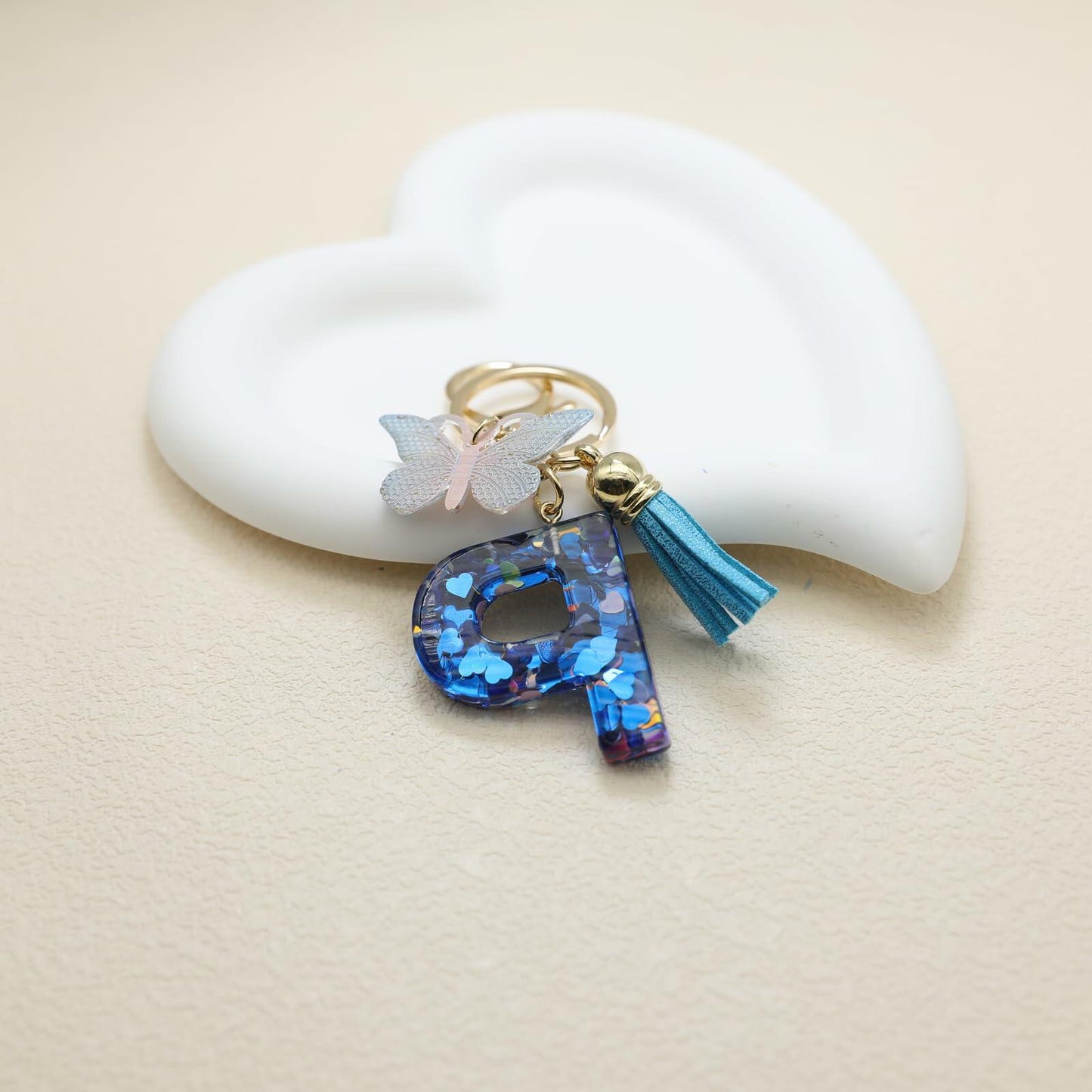 Besvatsy Blue Heart Alphabet Keychain Tassel Butterfly Pendant Medium