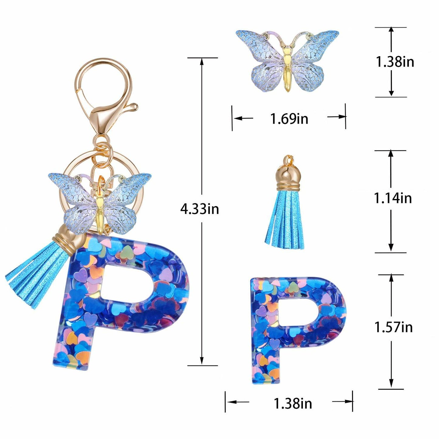Besvatsy Blue Heart Alphabet Keychain Tassel Butterfly Pendant Medium