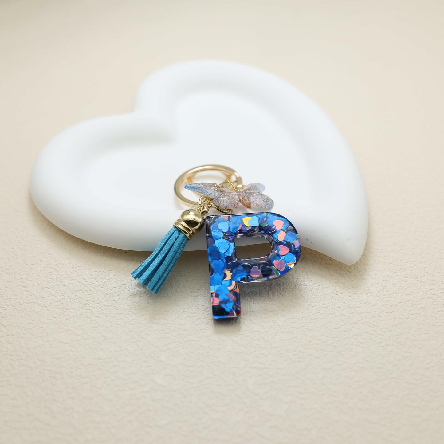 Besvatsy Blue Heart Alphabet Keychain Tassel Butterfly Pendant Medium