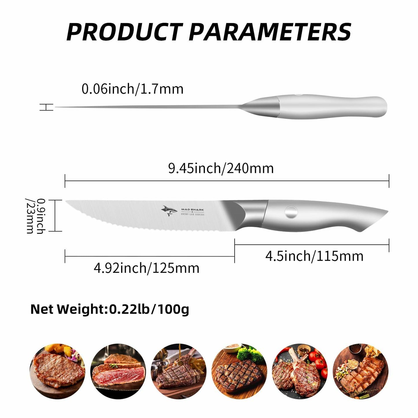 MAD SHARK Steak Knife Set 4 German Molybdenum Steel Razor Sharp Silver