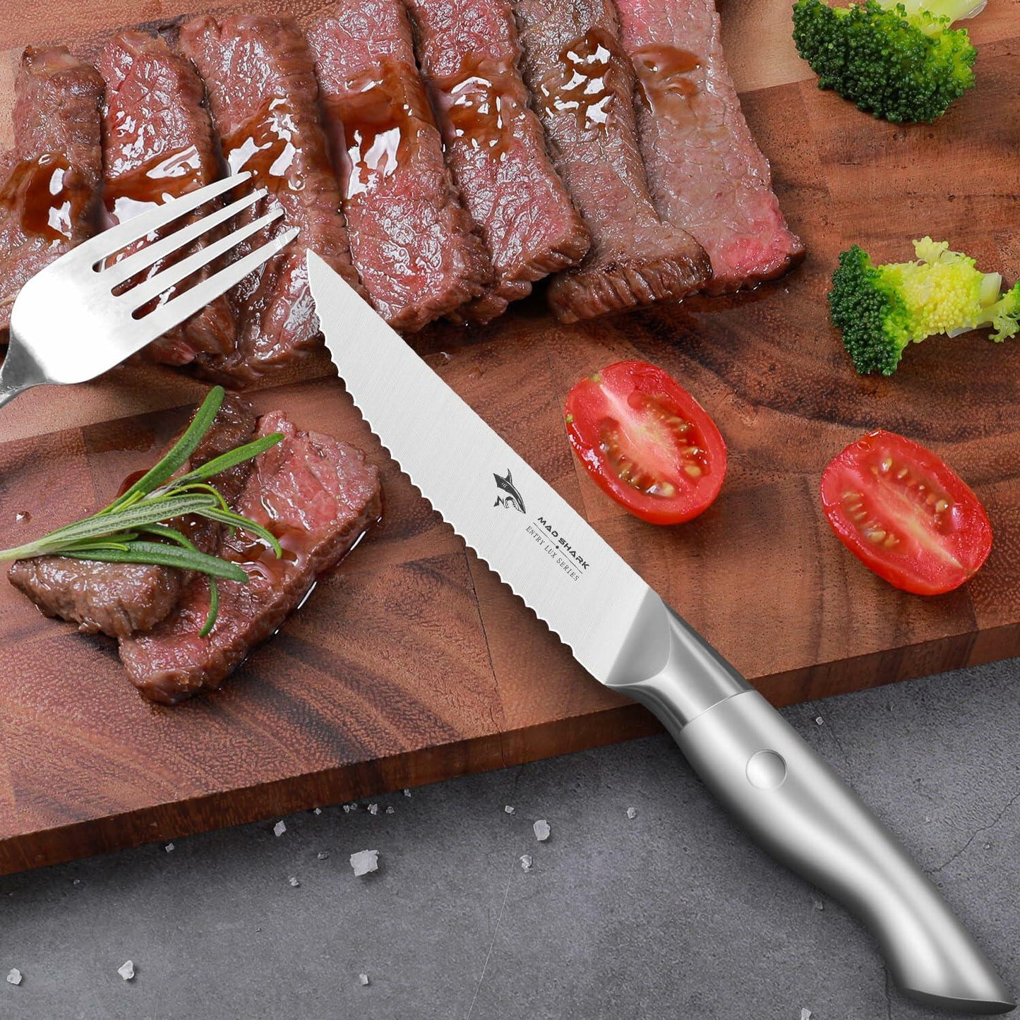 MAD SHARK Steak Knife Set 4 German Molybdenum Steel Razor Sharp Silver