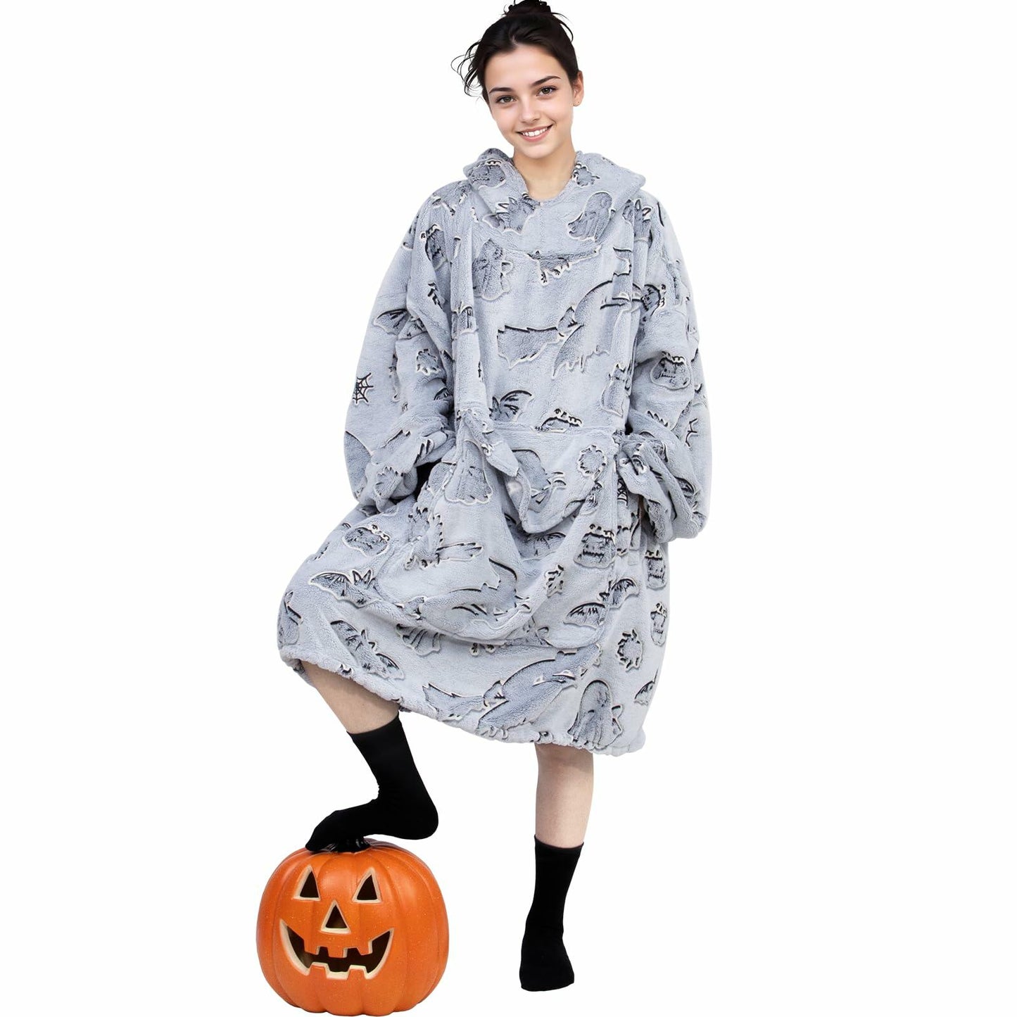 REXEO Halloween Flannel Hoodie Blanket with Pocket Black One Size