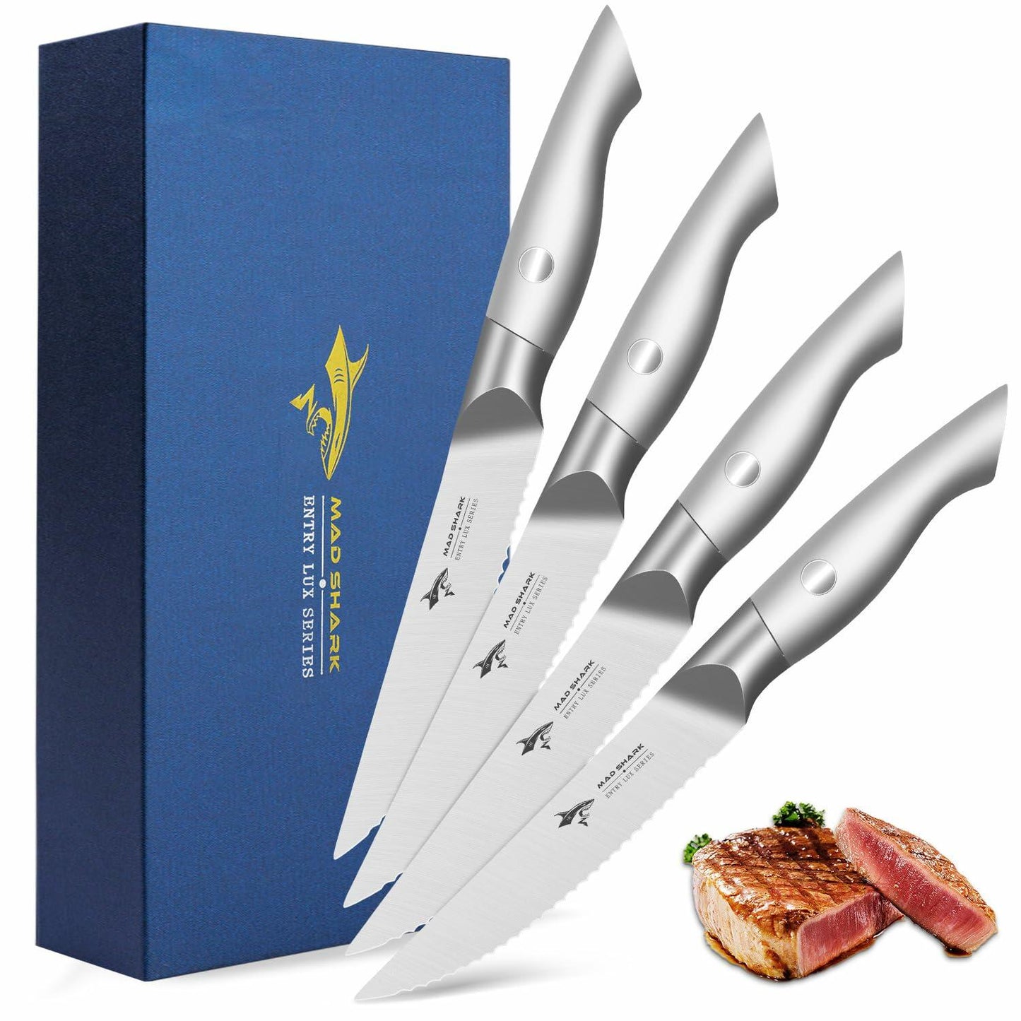 MAD SHARK Steak Knife Set 4 German Molybdenum Steel Razor Sharp Silver