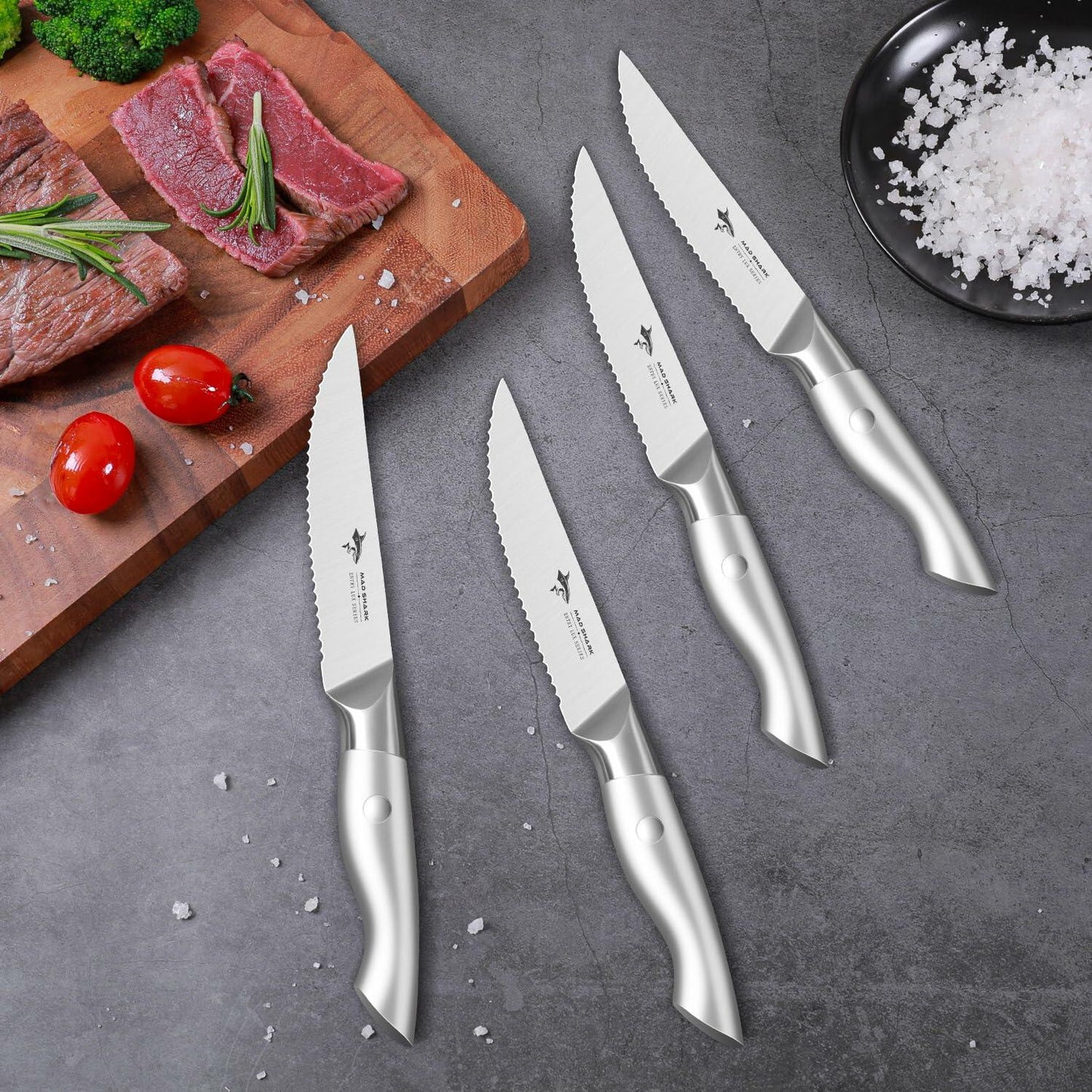 MAD SHARK Steak Knife Set 4 German Molybdenum Steel Razor Sharp Silver