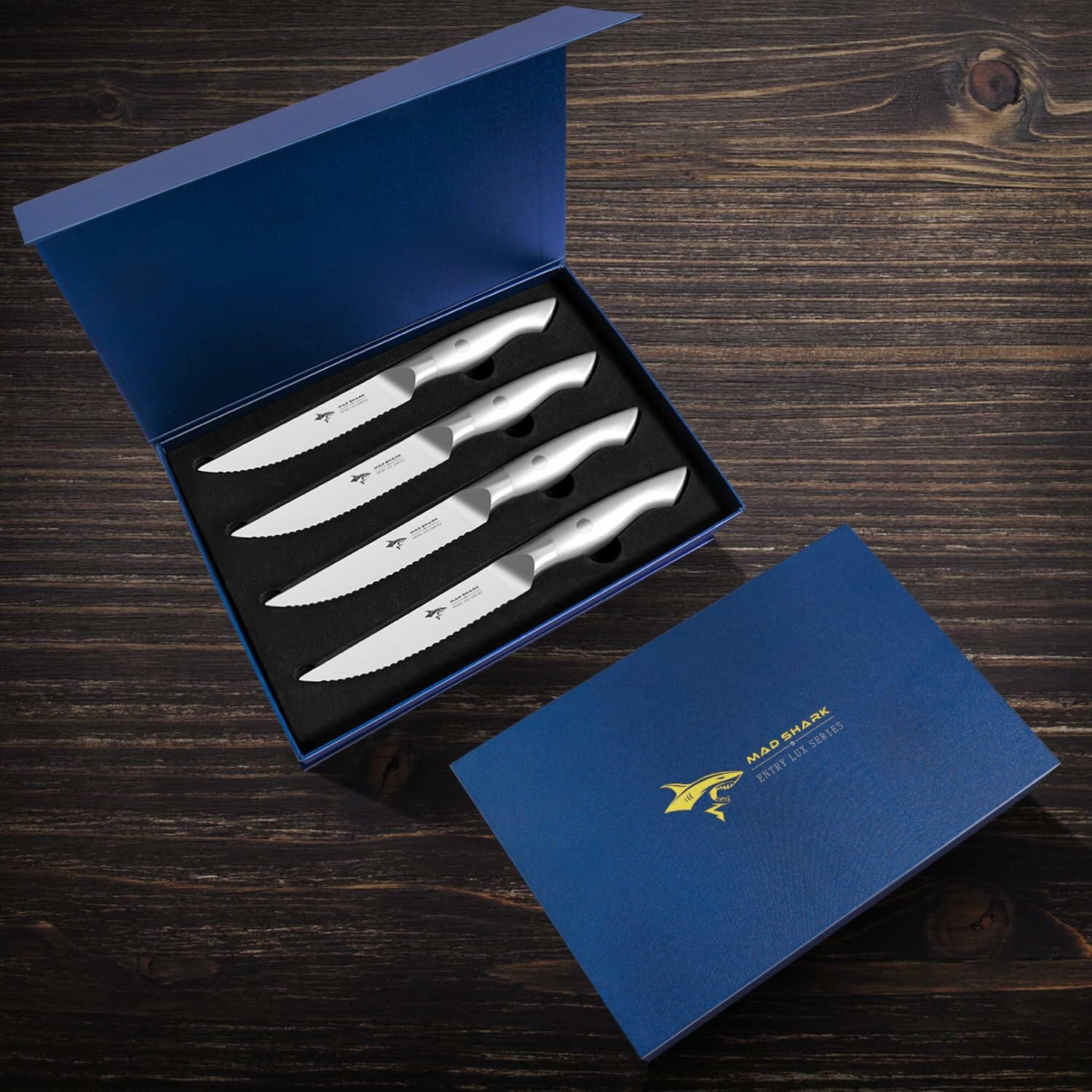 MAD SHARK Steak Knife Set 4 German Molybdenum Steel Razor Sharp Silver