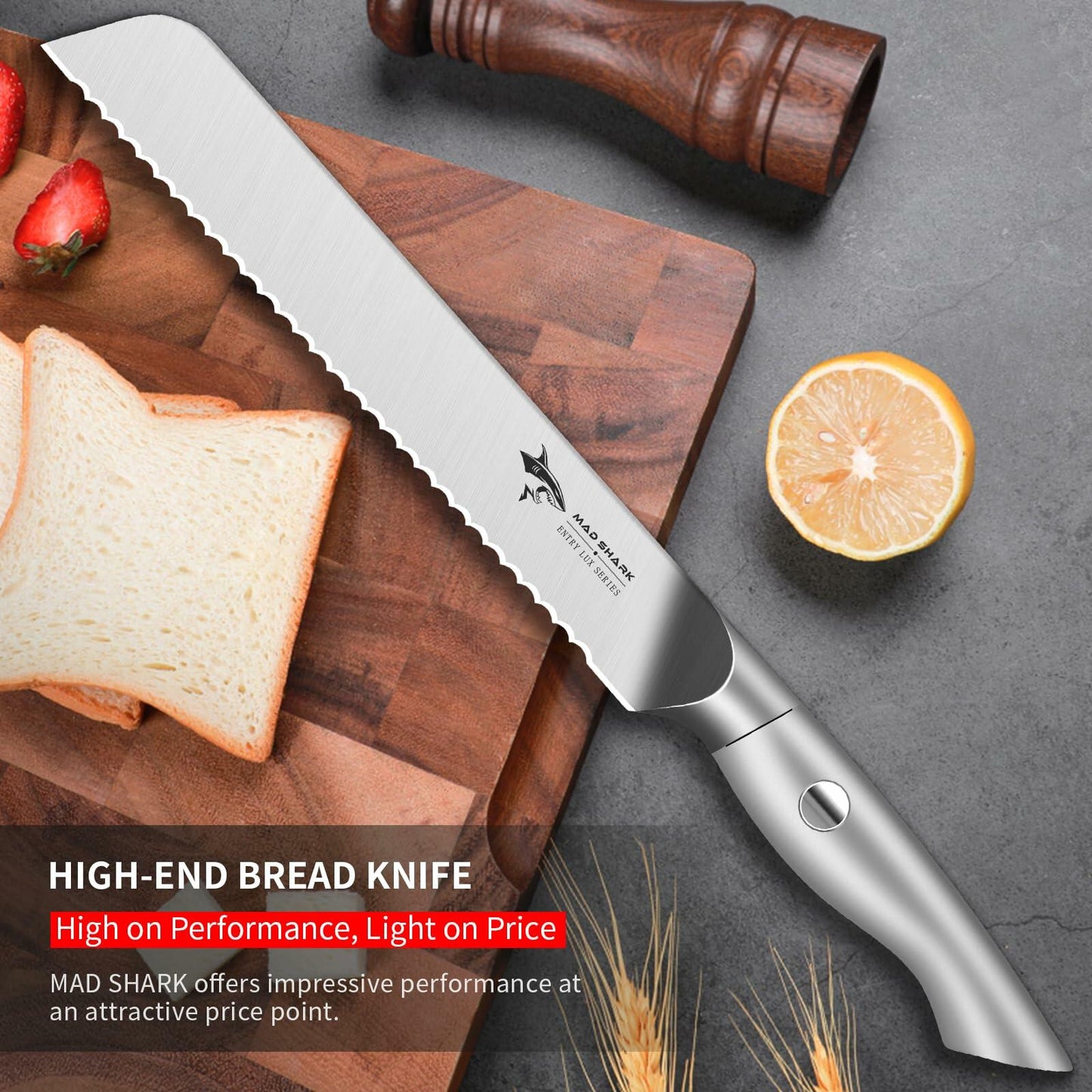 MAD SHARK Bread Knife 8 Inch Stainless Steel Silver Razor Sharp