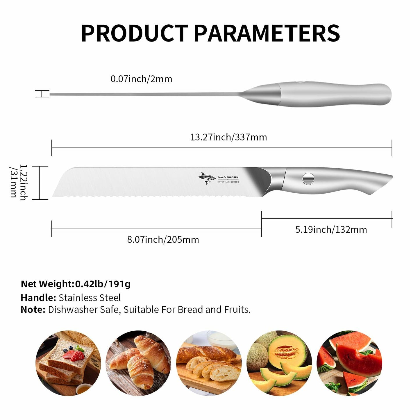 MAD SHARK Bread Knife 8 Inch Stainless Steel Silver Razor Sharp