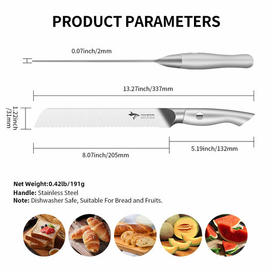 MAD SHARK Bread Knife 8 Inch Stainless Steel Silver Razor Sharp