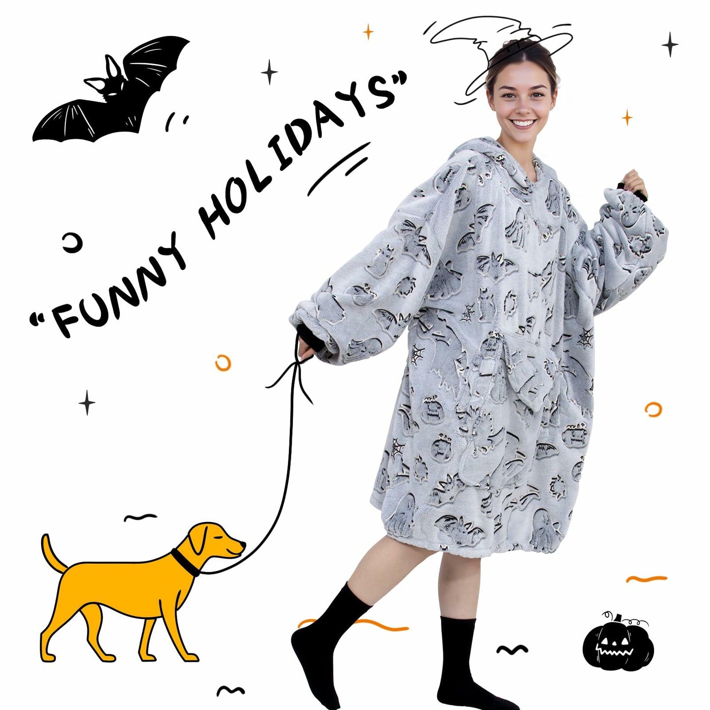 REXEO Halloween Flannel Hoodie Blanket with Pocket Black One Size