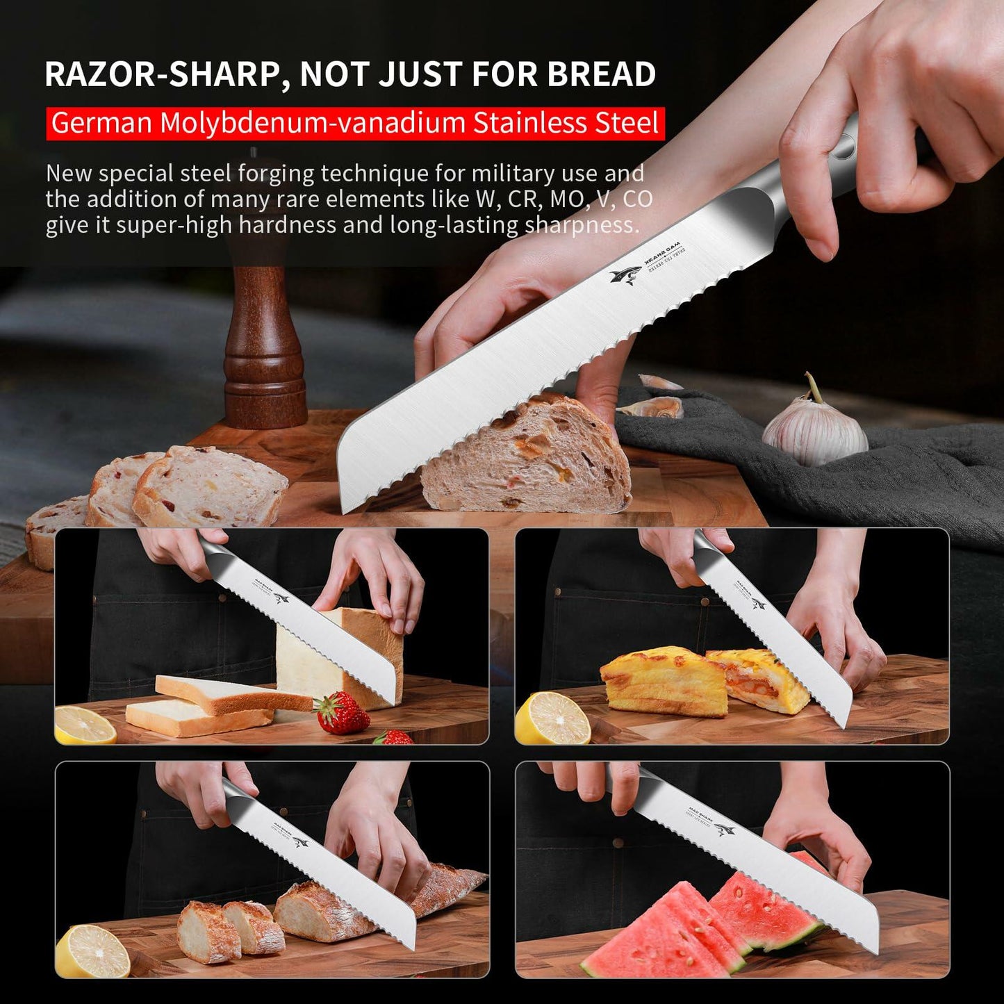 MAD SHARK Bread Knife 8 Inch Stainless Steel Silver Razor Sharp