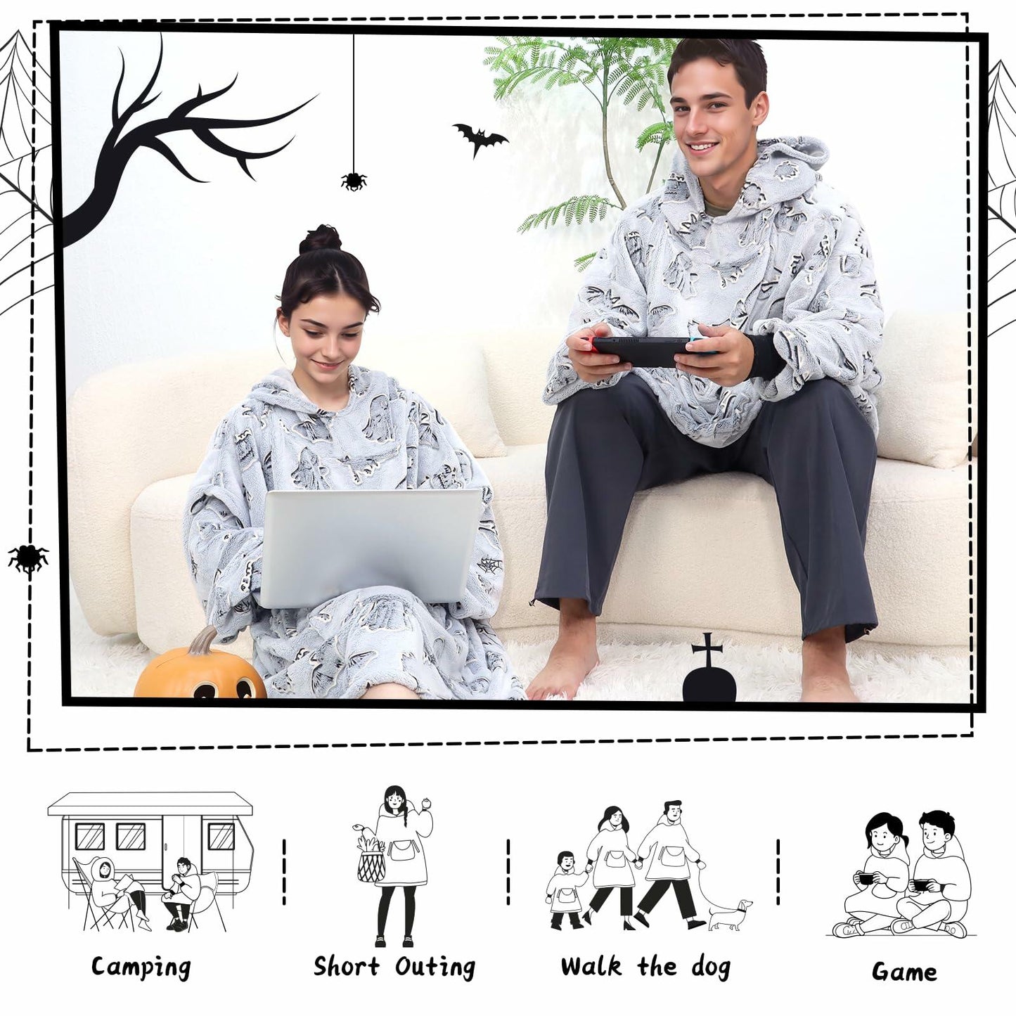 REXEO Halloween Flannel Hoodie Blanket with Pocket Black One Size