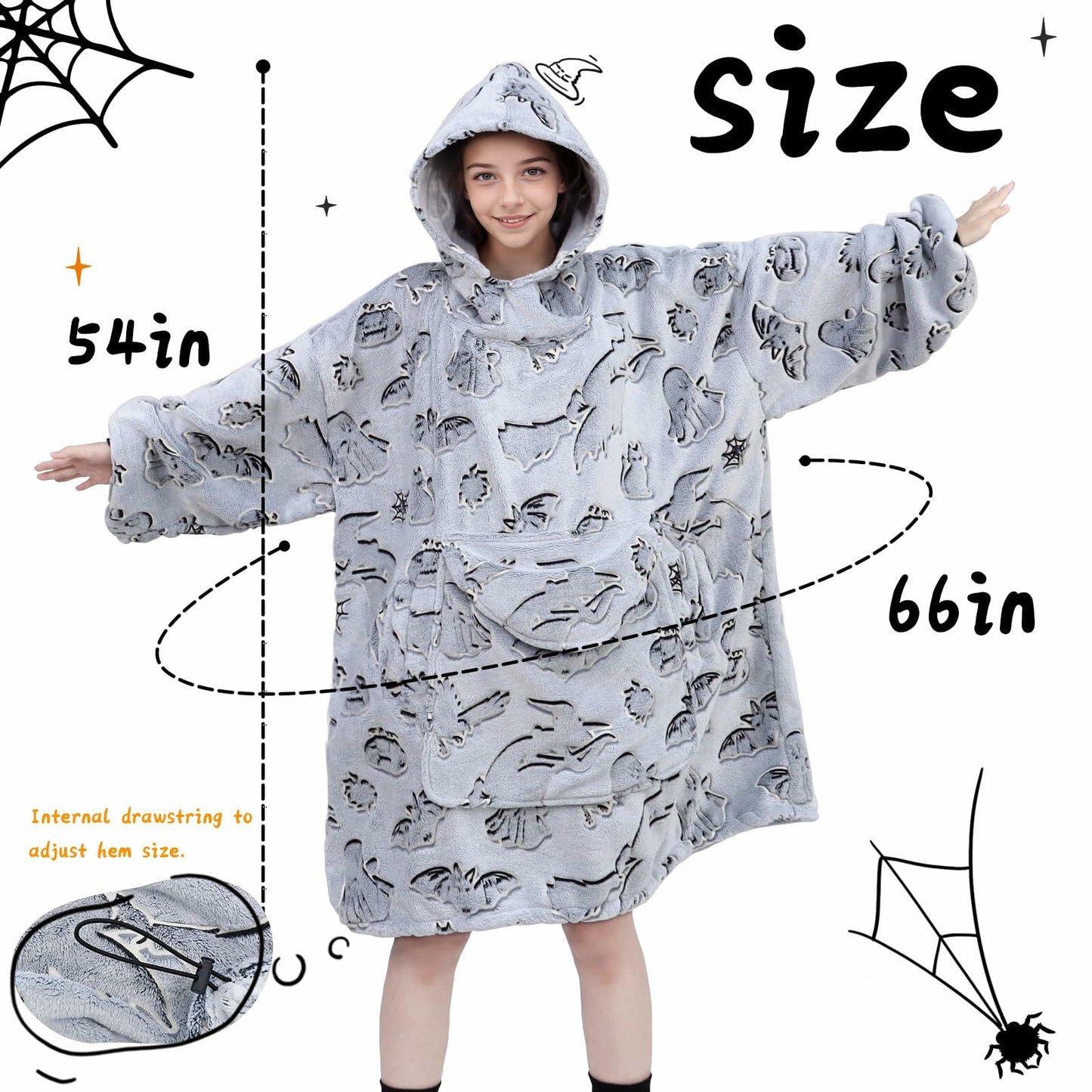 REXEO Halloween Flannel Hoodie Blanket with Pocket Black One Size