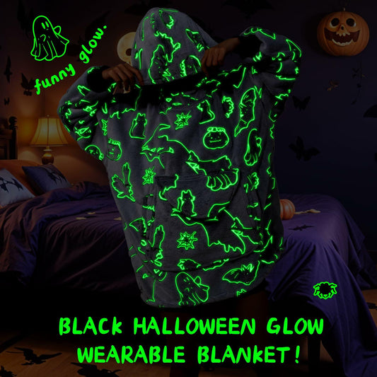 REXEO Halloween Flannel Hoodie Blanket with Pocket Black One Size