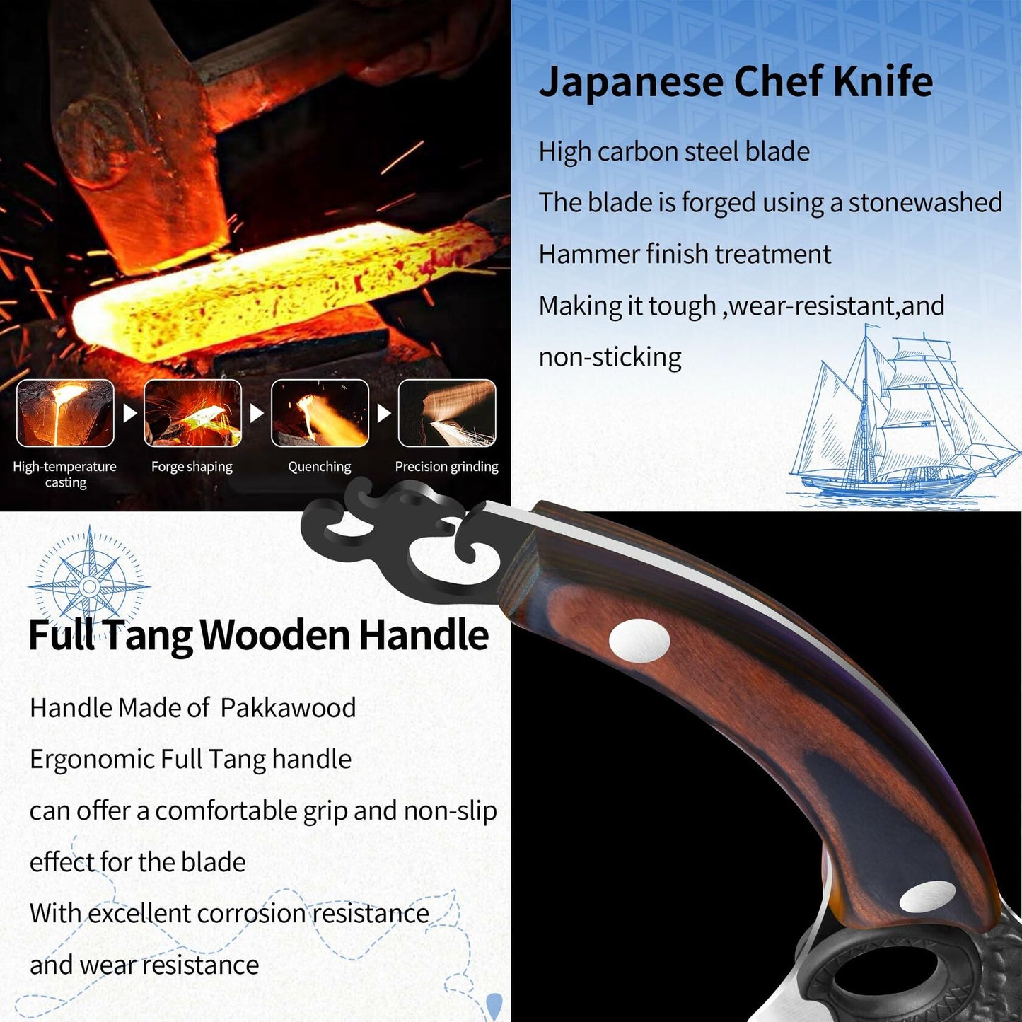 XYJ Forged Boning Knife Carbon Steel Full Tang Coffee w/ Sheath