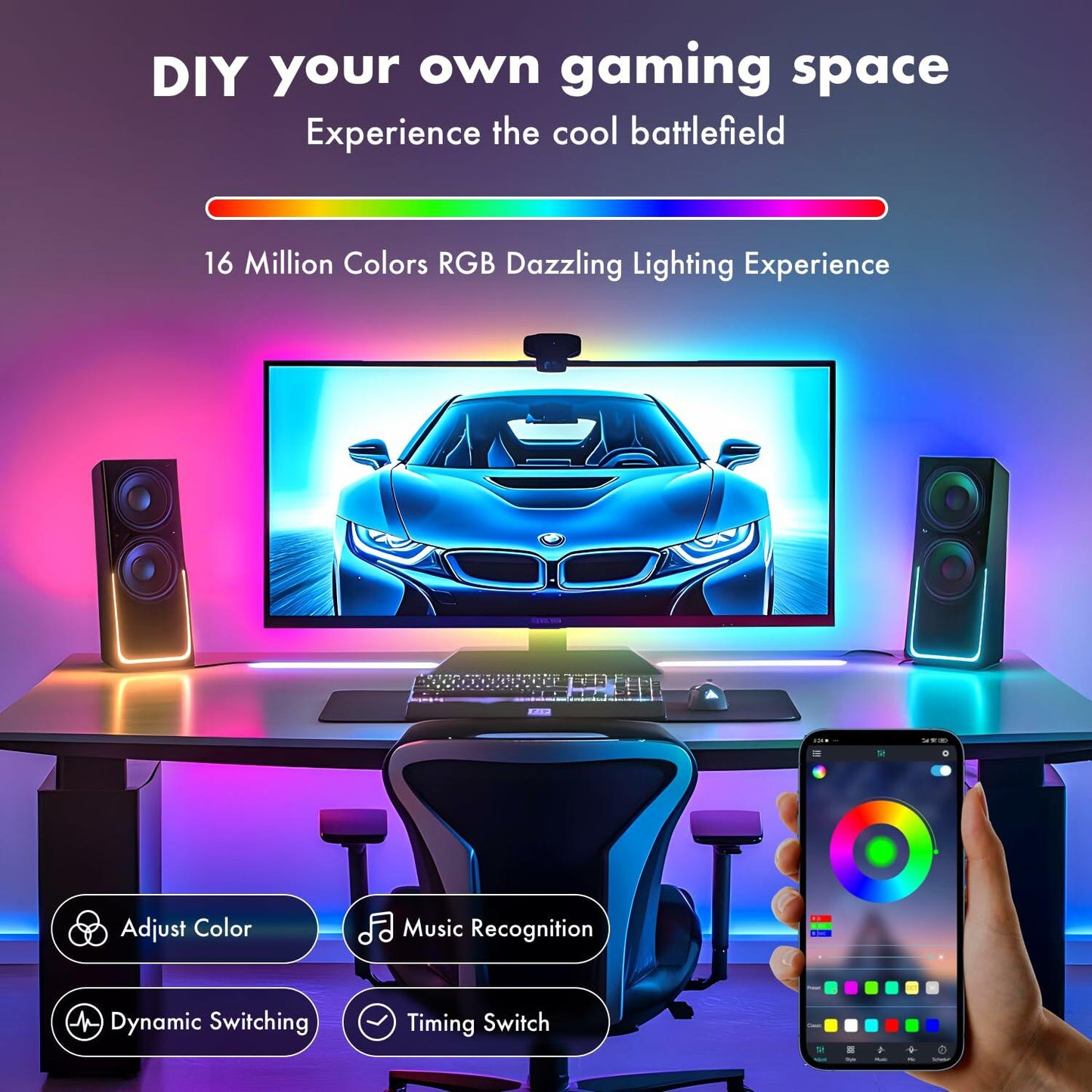 DTQJ RGB LED TV Backlight Strip 13.1ft USB Music Sync Bluetooth Remote