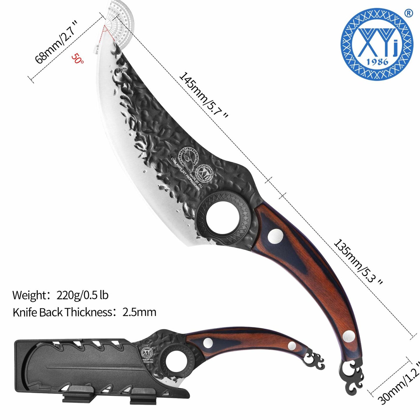 XYJ Forged Boning Knife Carbon Steel Full Tang Coffee w/ Sheath