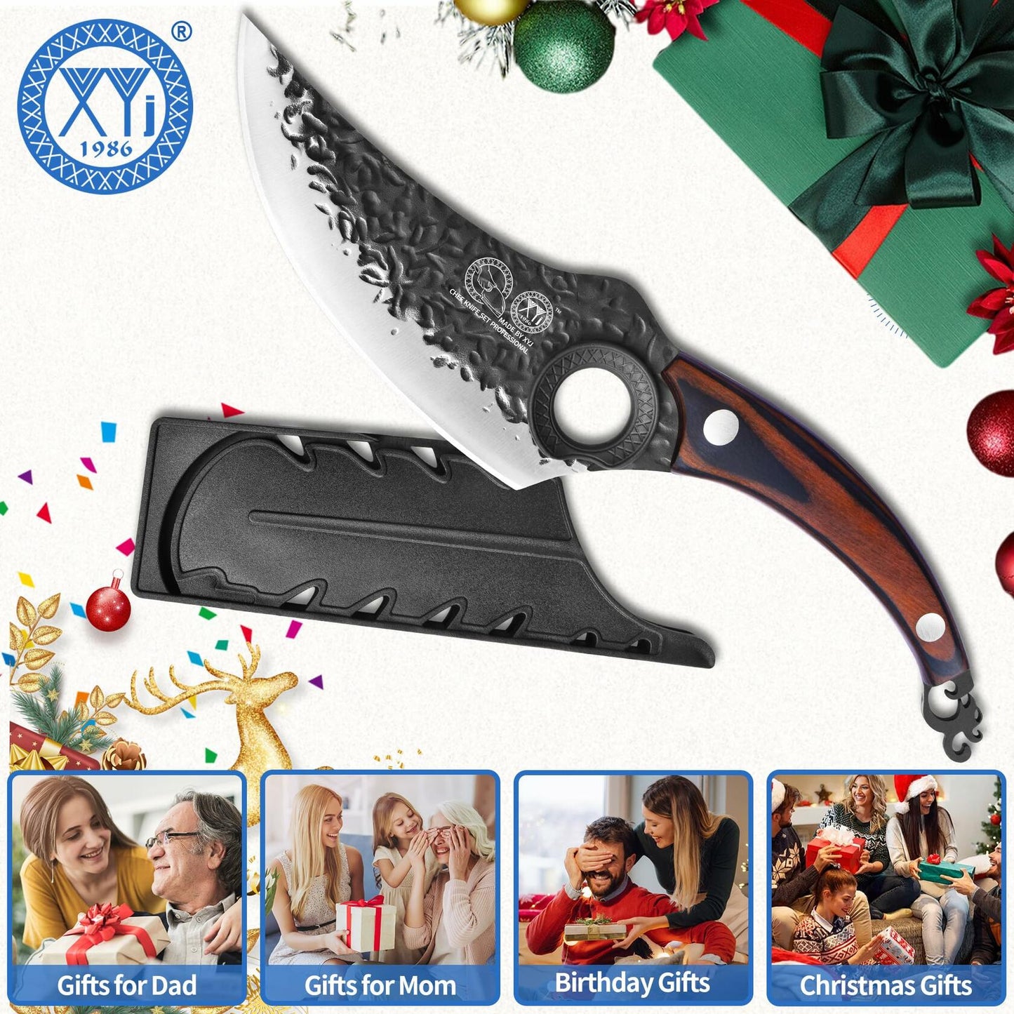 XYJ Forged Boning Knife Carbon Steel Full Tang Coffee w/ Sheath