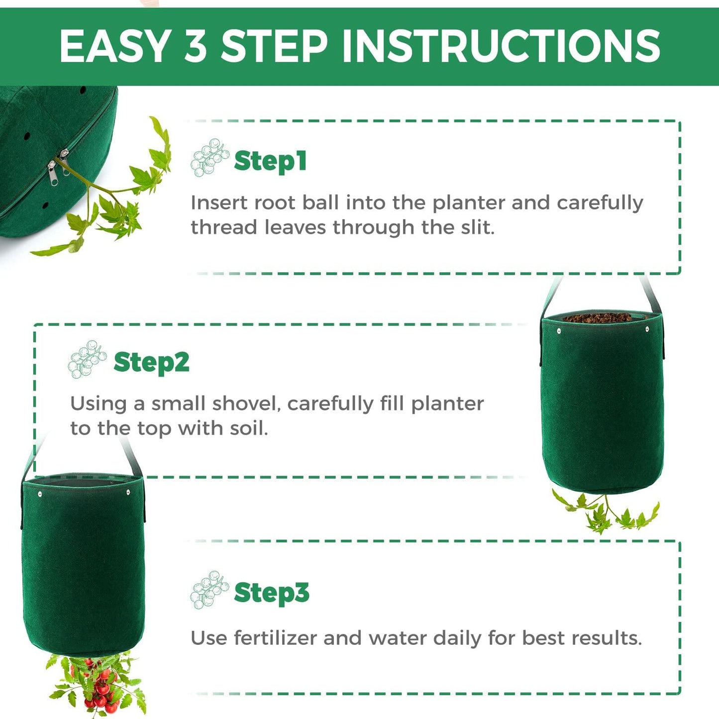 Betereap Tomato Grow Bag 2-Pack Heavy Duty Hanging Planter Green Felt