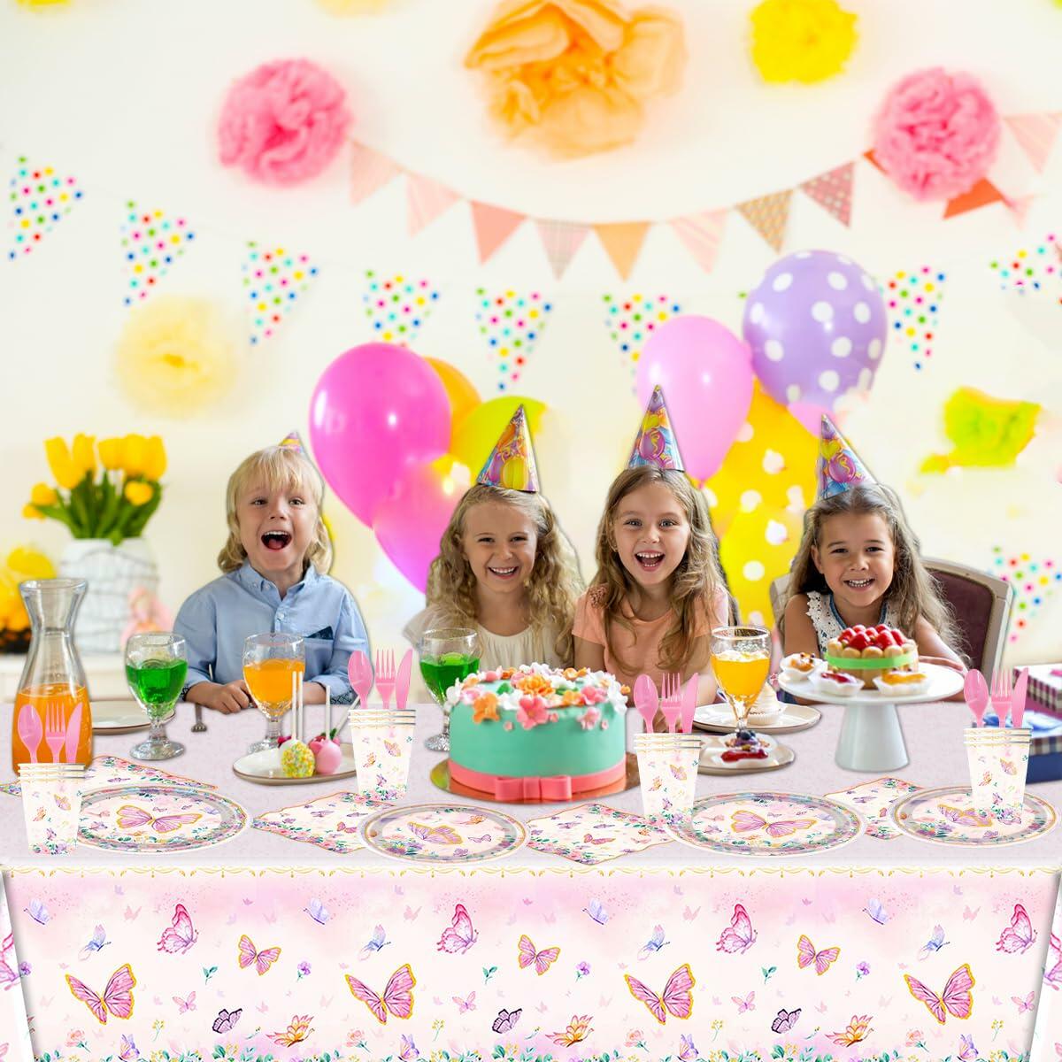 OU RUI 81Pcs Pink Butterfly Party Tableware Set Plates Napkins Tablecloth