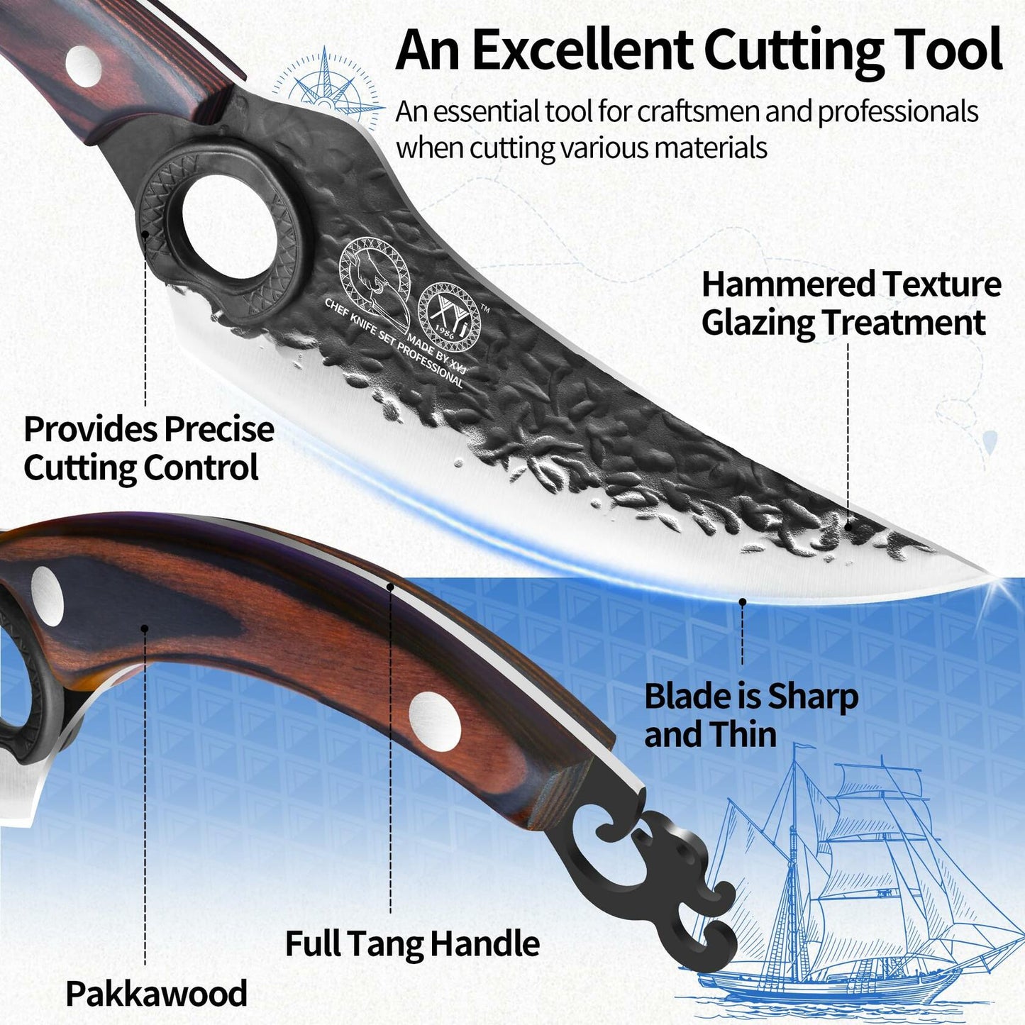 XYJ Forged Boning Knife Carbon Steel Full Tang Coffee w/ Sheath