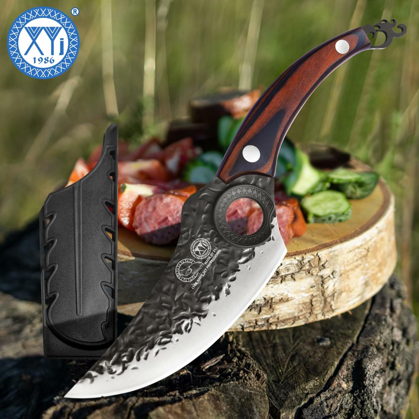 XYJ Forged Boning Knife Carbon Steel Full Tang Coffee w/ Sheath