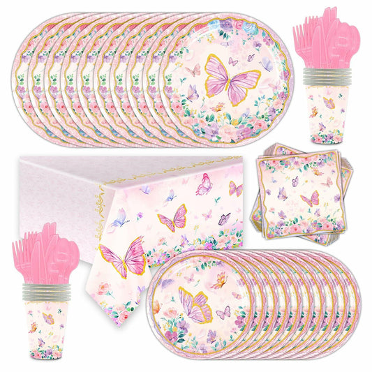 OU RUI 81Pcs Pink Butterfly Party Tableware Set Plates Napkins Tablecloth