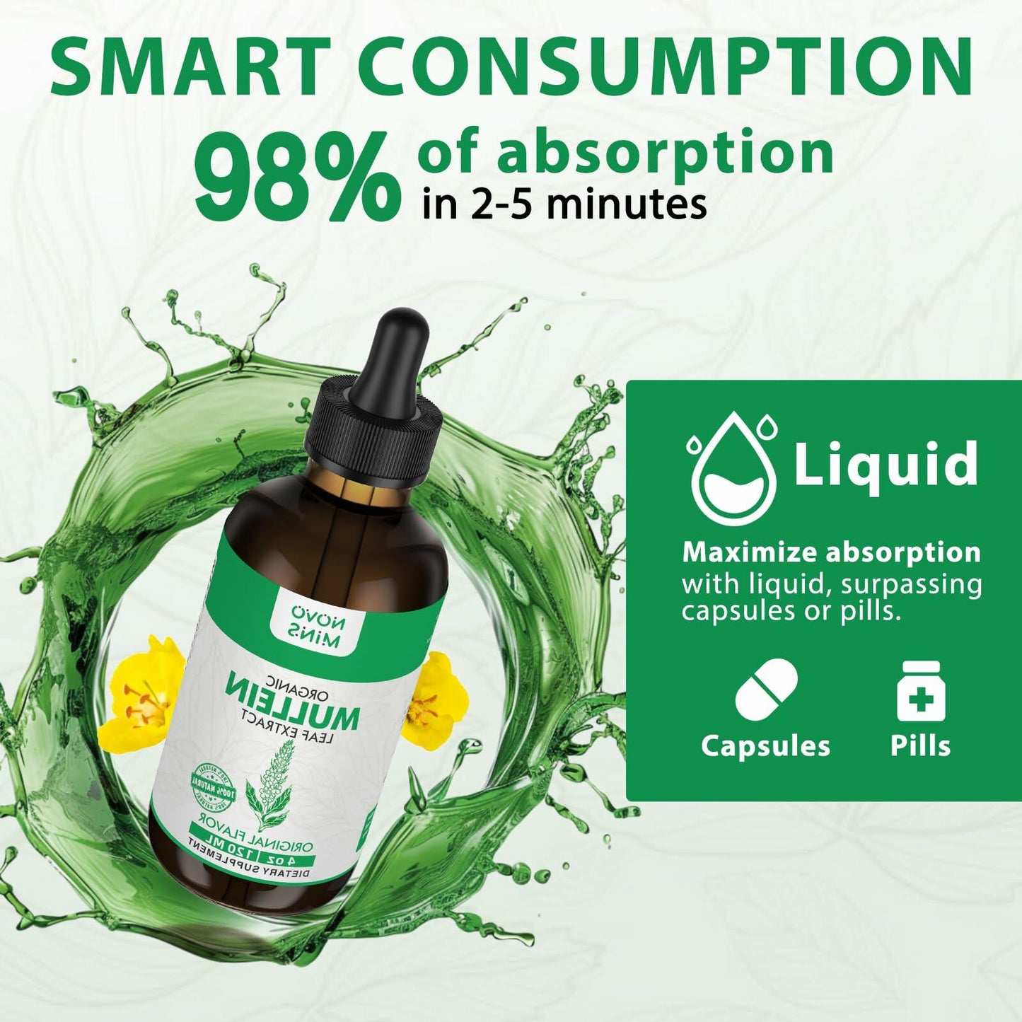 BestBy03/26 novomins Mullein Leaf Tincture Lung Detox Vegan 4 fl oz Chlorophyll