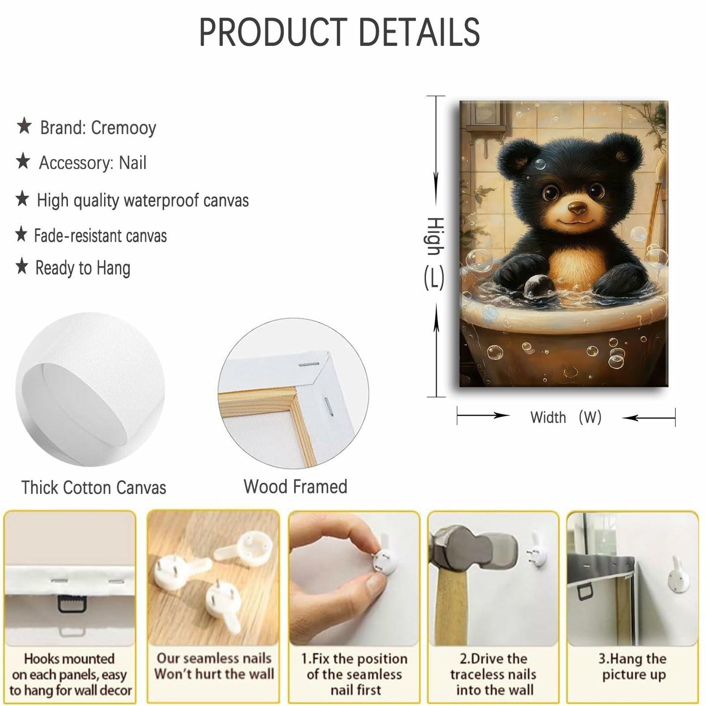 Cremooy Bathroom Bear Canvas Wall Art Funny Toilet Baby Bear 10x8 Canvas