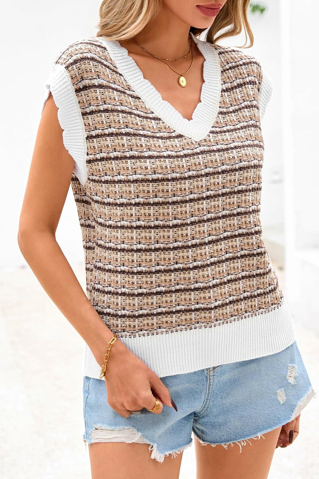 CFLONGE Women's Sleeveless Striped Crochet Knit Sweater Vest Khaki Size XL