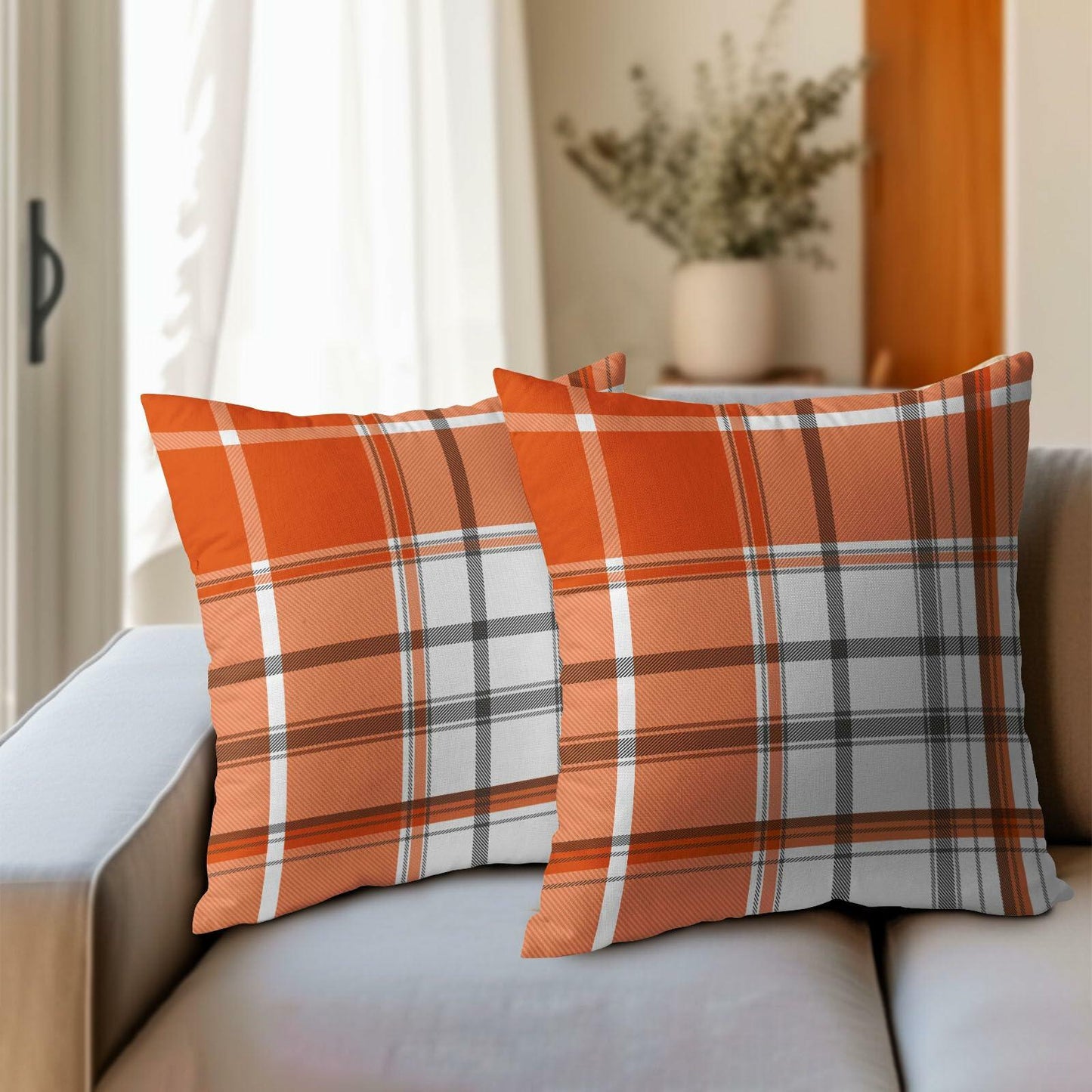Kcozydecor Fall Pillow Covers 16x16in Orange White Plaid Set of 2