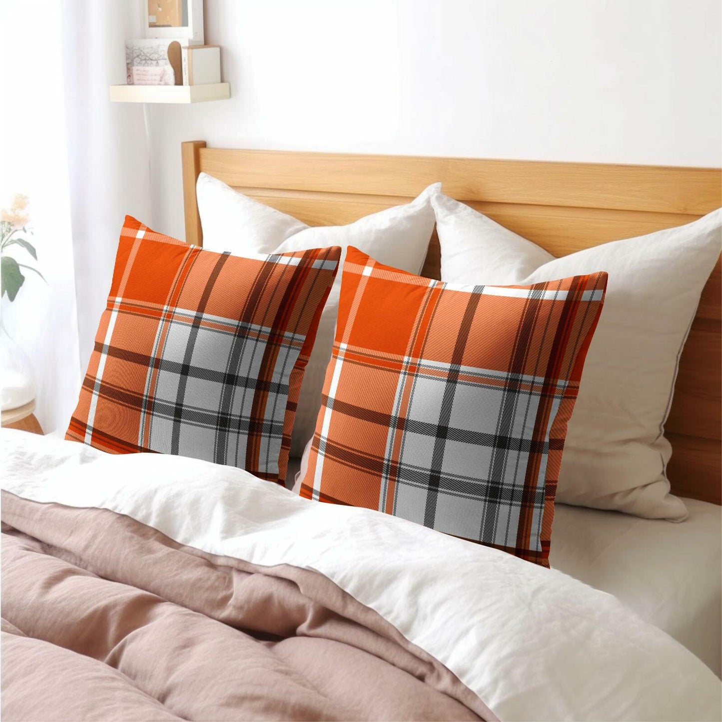 Kcozydecor Fall Pillow Covers 16x16in Orange White Plaid Set of 2