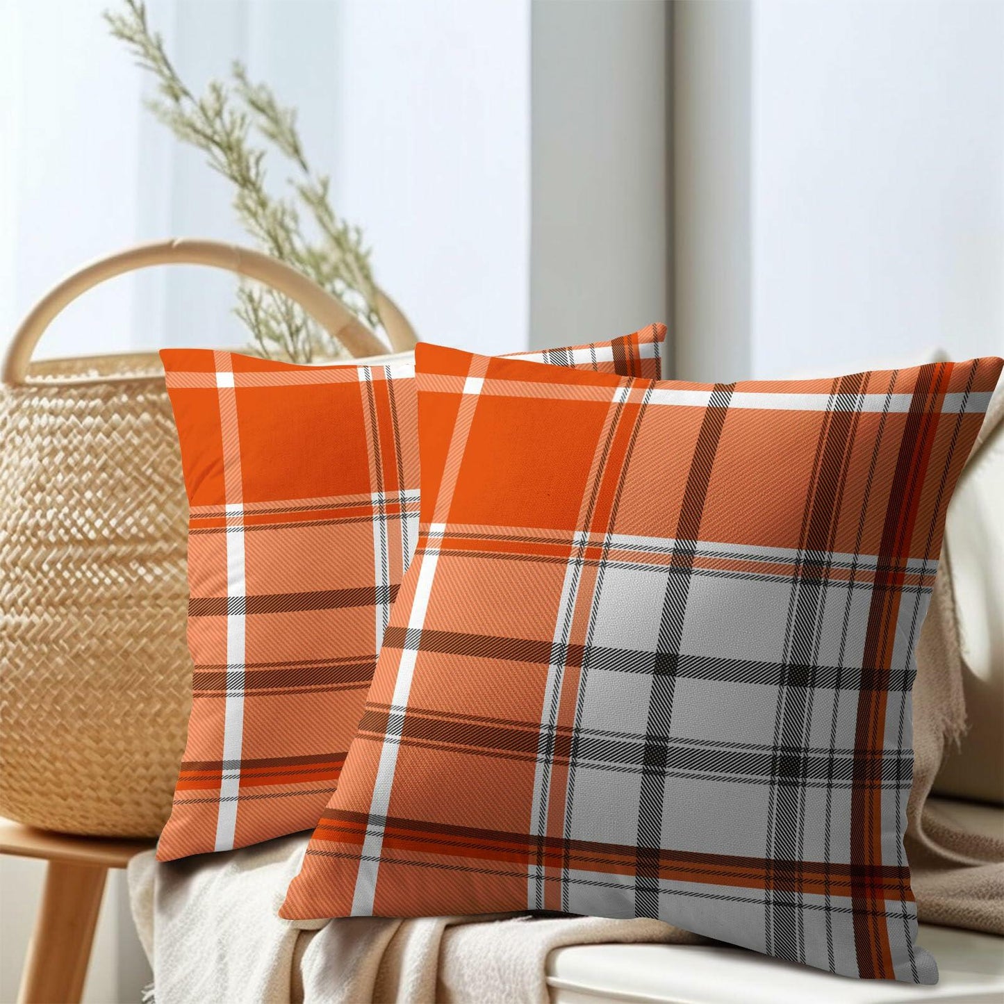 Kcozydecor Fall Pillow Covers 16x16in Orange White Plaid Set of 2
