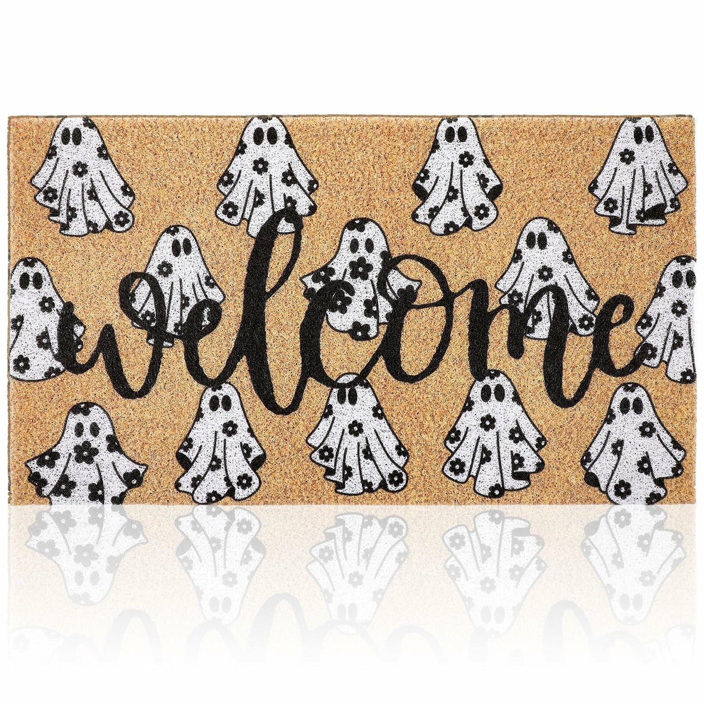 Dunzy Halloween Ghost Welcome Doormat Black Brownish Yellow 17x29 Rectangular