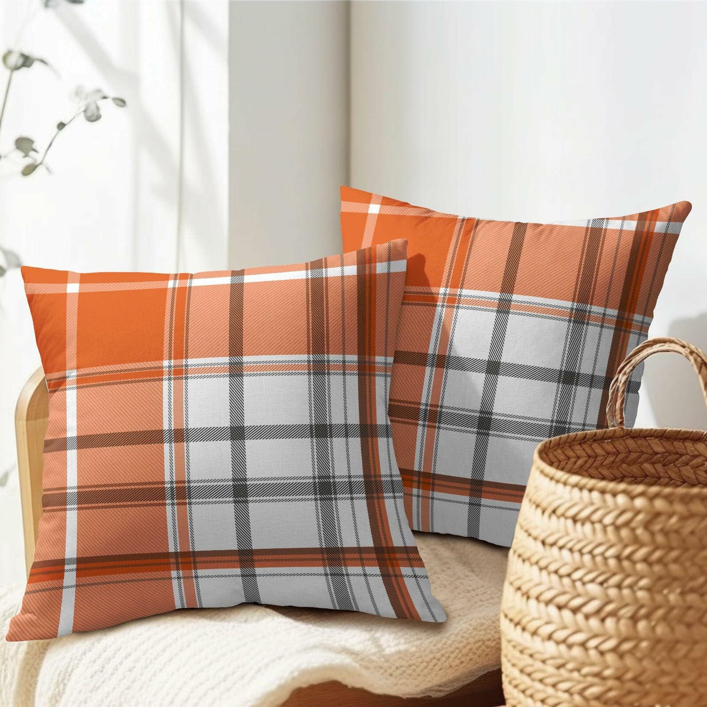 Kcozydecor Fall Pillow Covers 16x16in Orange White Plaid Set of 2