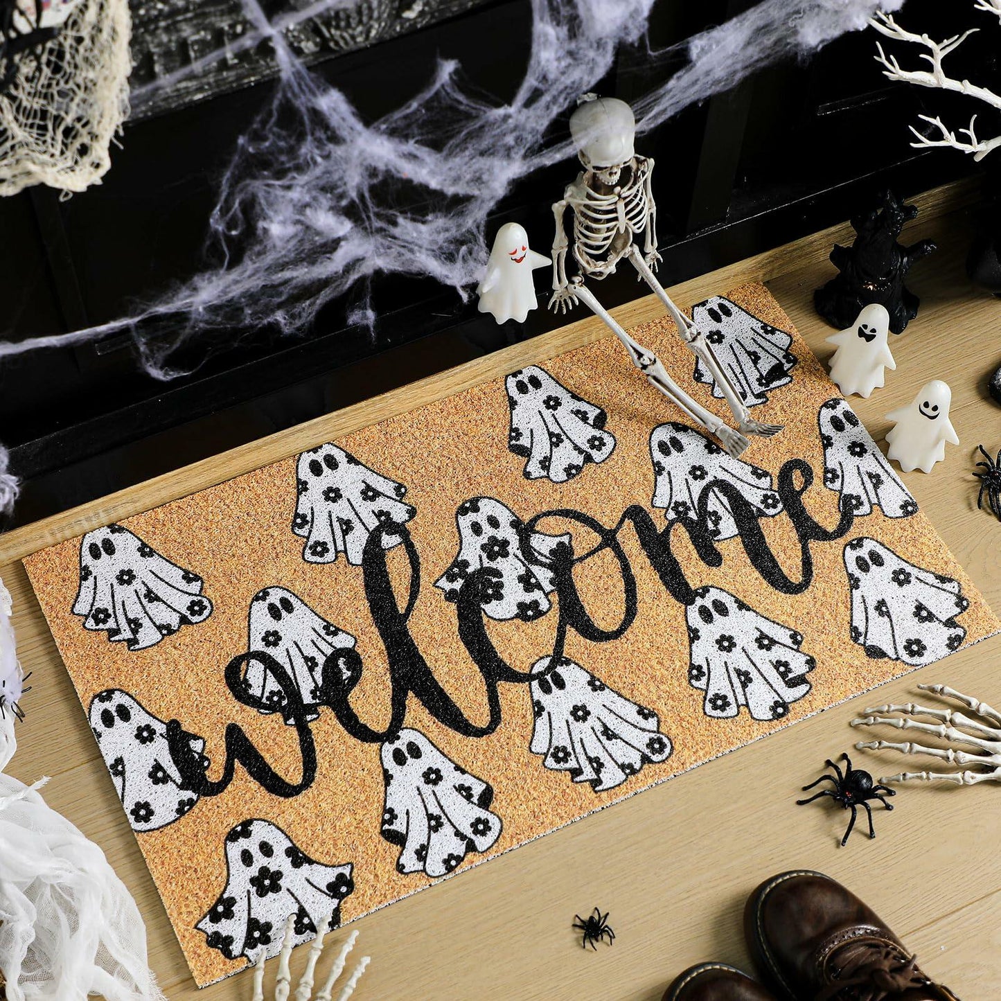 Dunzy Halloween Ghost Welcome Doormat Black Brownish Yellow 17x29 Rectangular
