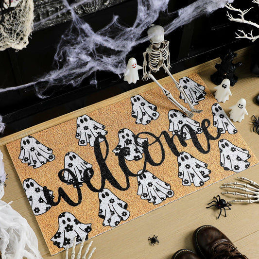 Dunzy Halloween Ghost Welcome Doormat Black Brownish Yellow 17x29 Rectangular