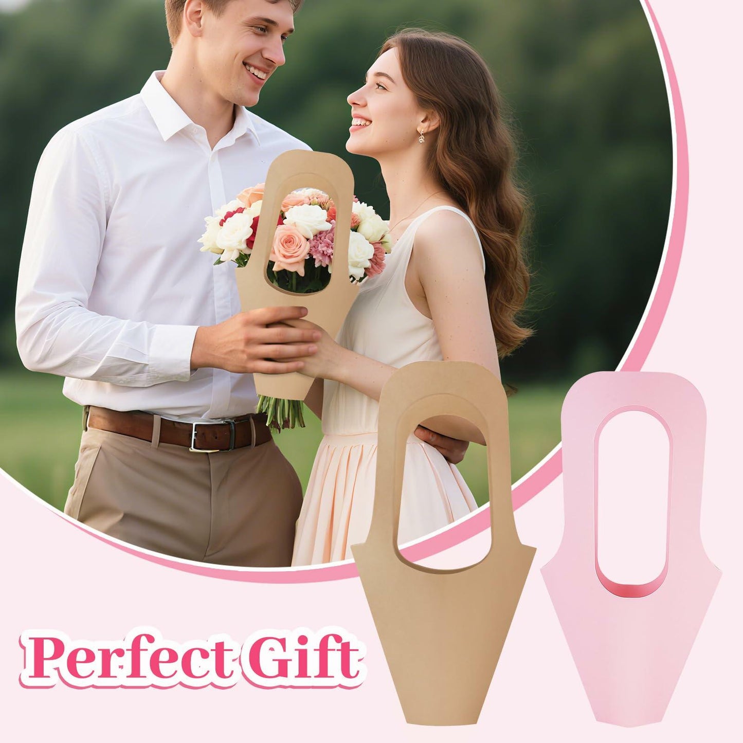 DIBALIYI 25 Pcs Kraft Paper Flower Gift Bags with Handle Brown Floral