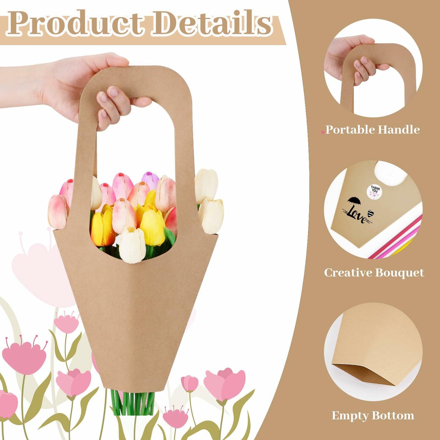 DIBALIYI 25 Pcs Kraft Paper Flower Gift Bags with Handle Brown Floral