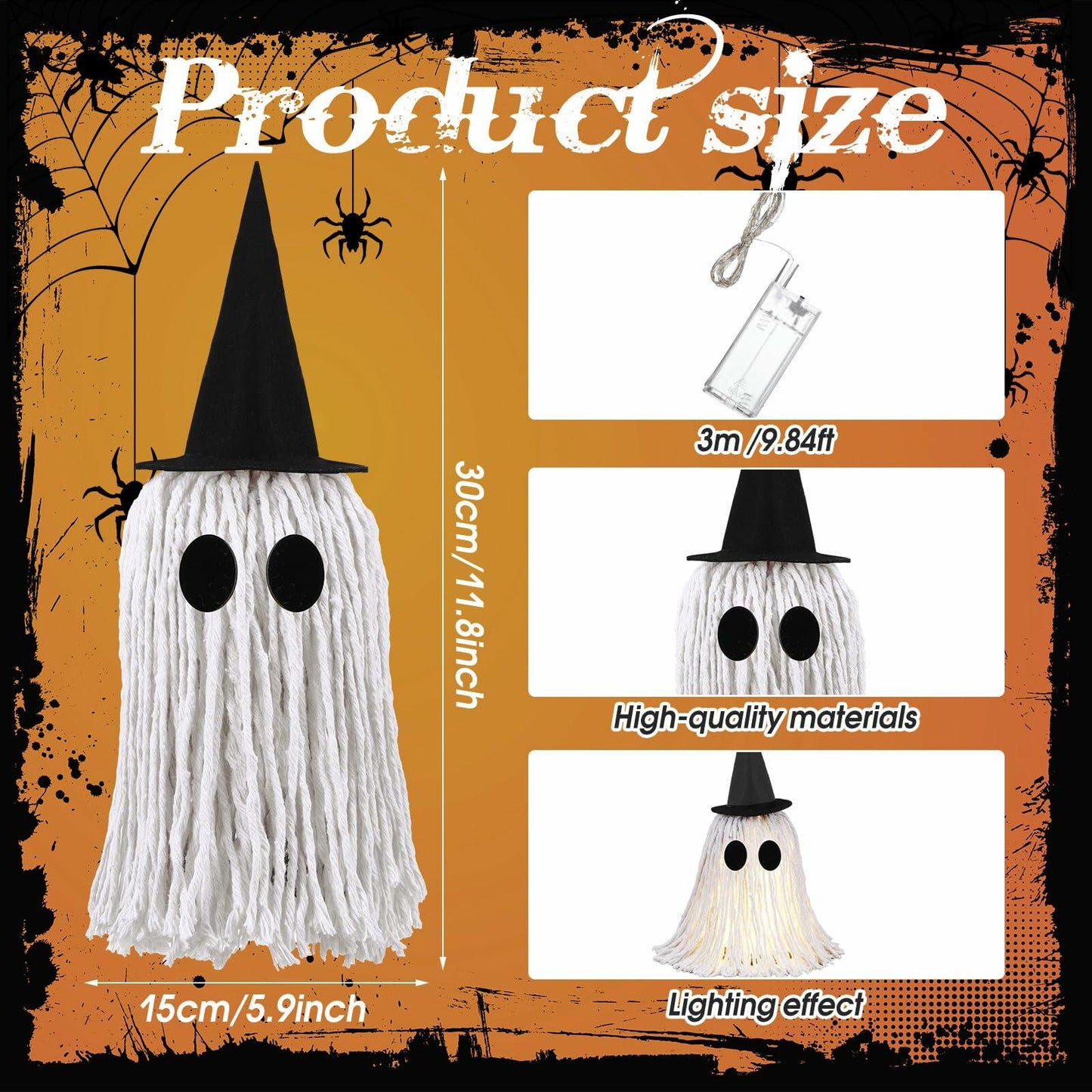 RoundFunny 12in Light Up Boho Ghost Halloween Decoration Witch Hat Black White