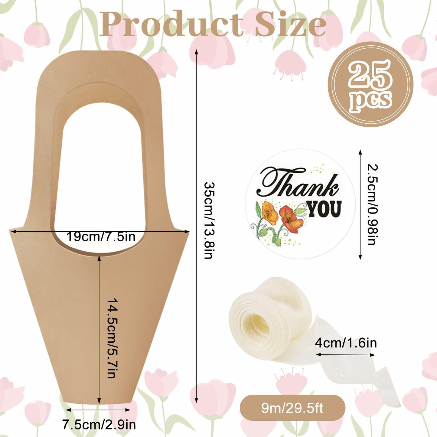 DIBALIYI 25 Pcs Kraft Paper Flower Gift Bags with Handle Brown Floral