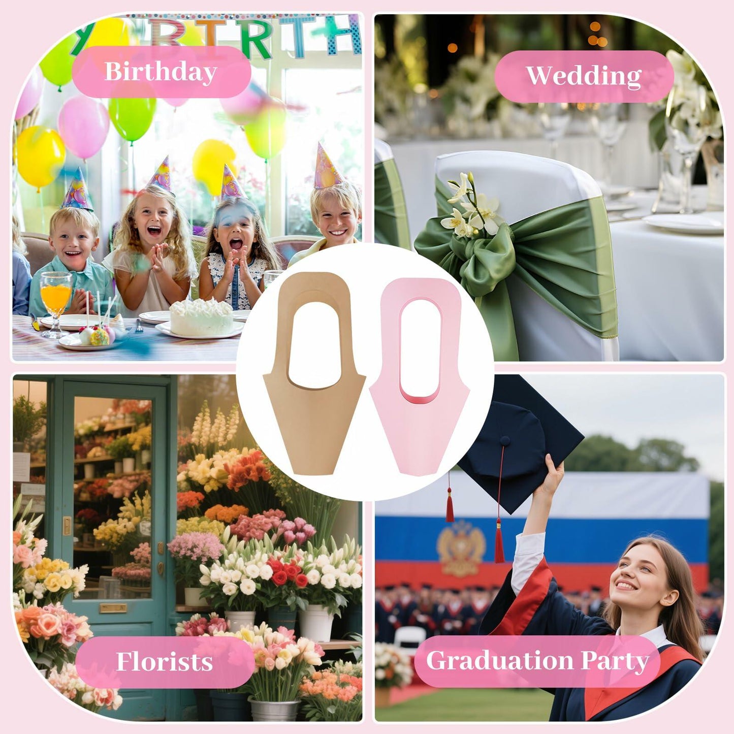 DIBALIYI 25 Pcs Kraft Paper Flower Gift Bags with Handle Brown Floral