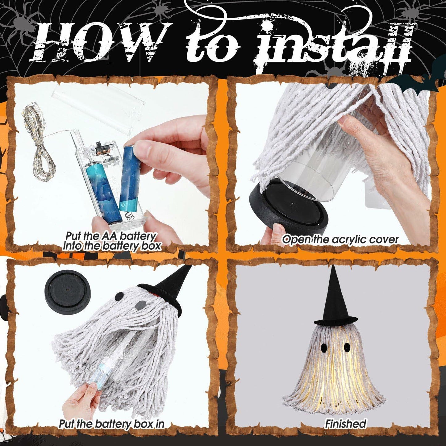 RoundFunny 12in Light Up Boho Ghost Halloween Decoration Witch Hat Black White