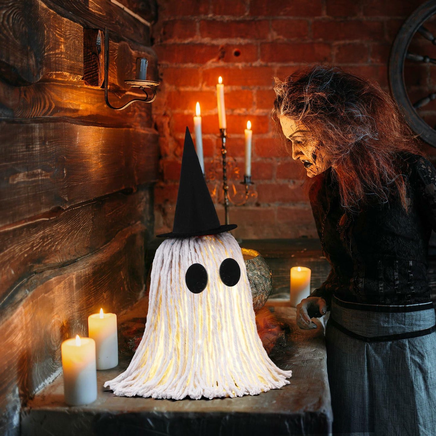 RoundFunny 12in Light Up Boho Ghost Halloween Decoration Witch Hat Black White