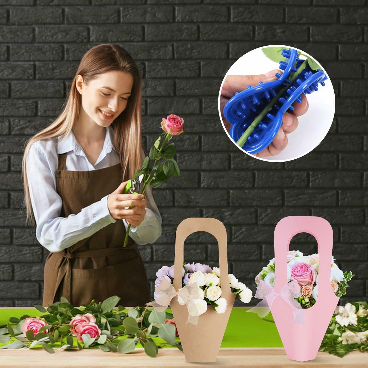 DIBALIYI 25 Pcs Kraft Paper Flower Gift Bags with Handle Brown Floral