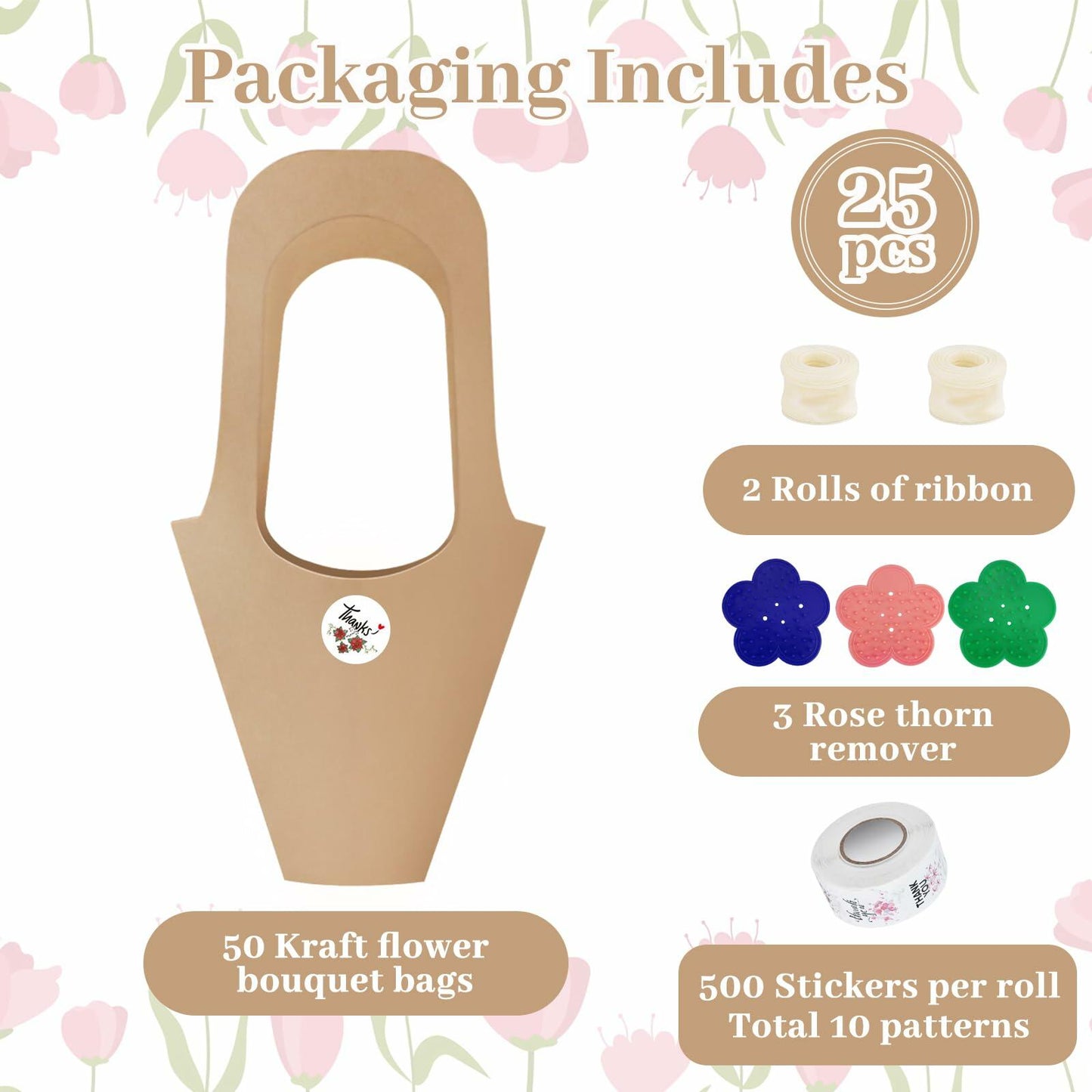 DIBALIYI 25 Pcs Kraft Paper Flower Gift Bags with Handle Brown Floral