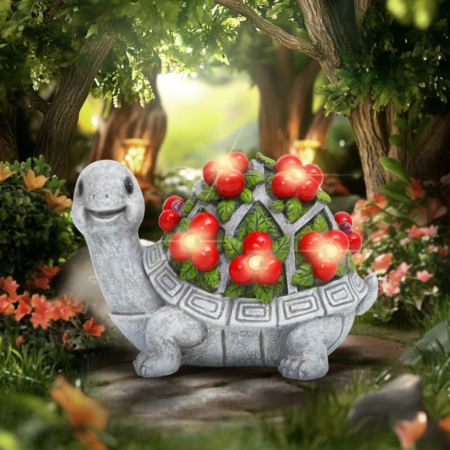 ENOU Solar Garden Turtle Statue Outdoor Patio Yard Decor Large Red Resin